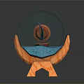 Sculpture Carving In Glass Bottle With Small Boat Blue Base And Orange Wooden Stand