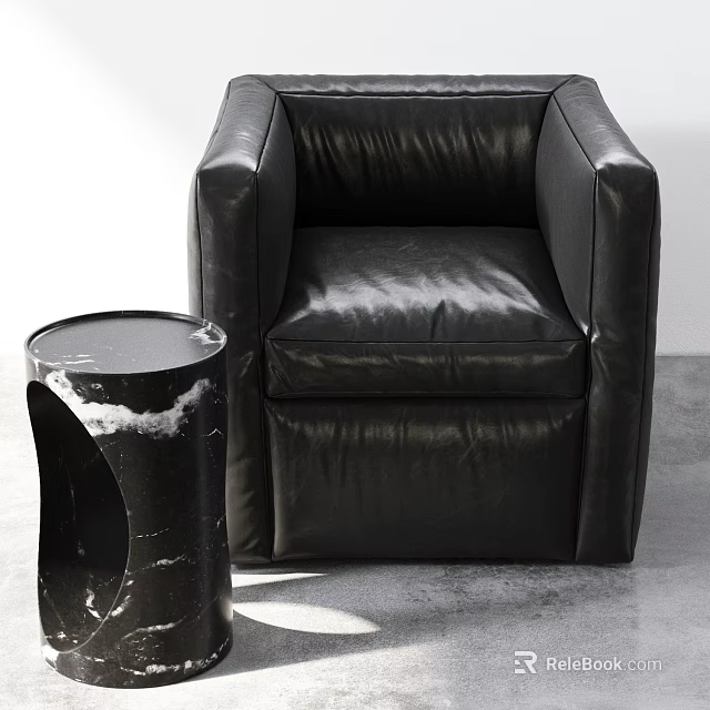 Black Leather Single Sofa with Black Marble Side Table in Modern Interior Space 3d model
