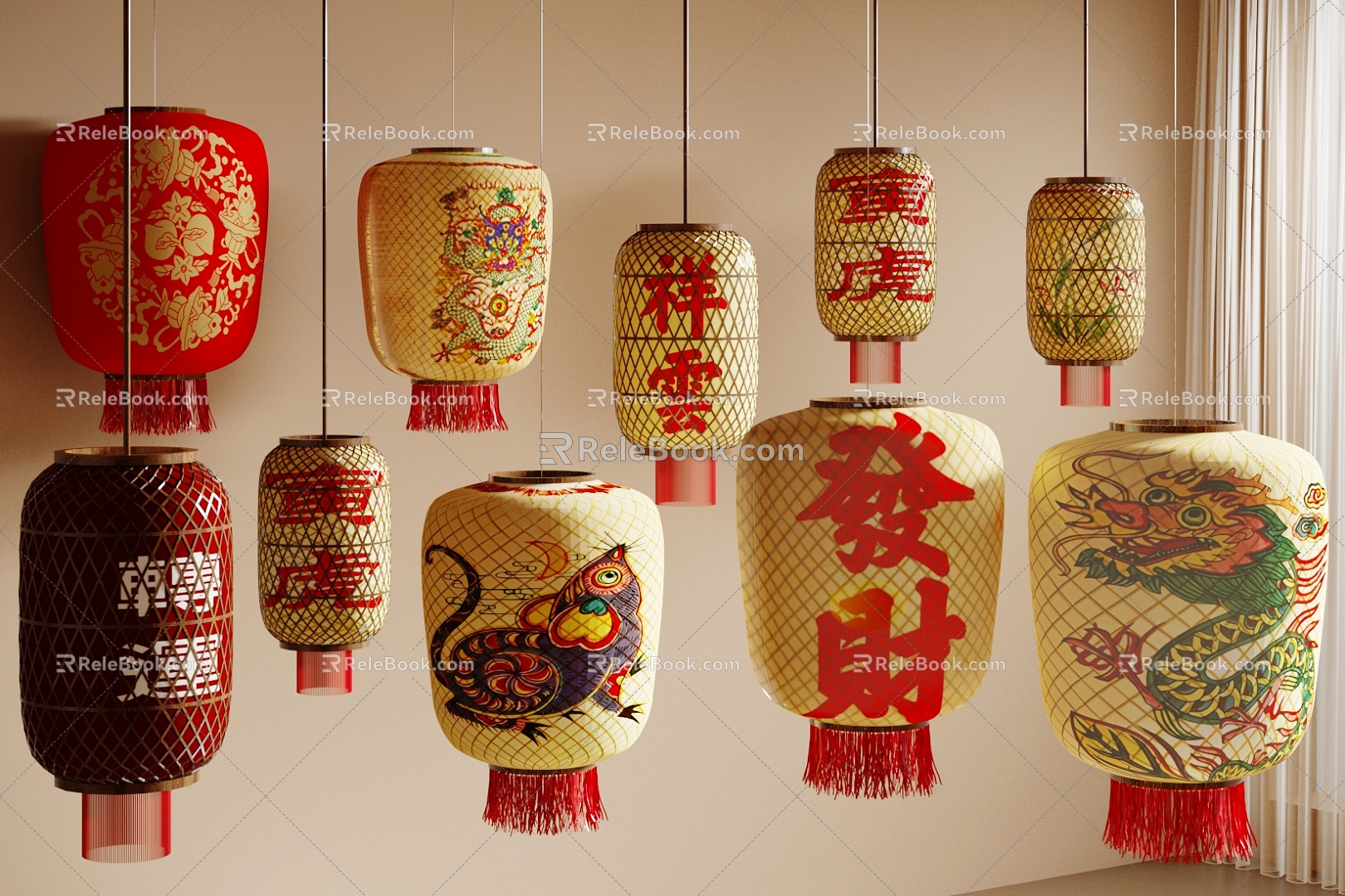 New Chinese Lantern Market Hot Pot Restaurant Lantern Bamboo Lantern Oil Paper Lantern Bamboo Wire Catering Lantern Chaoshan Oil Paper Bamboo Lantern 3d model