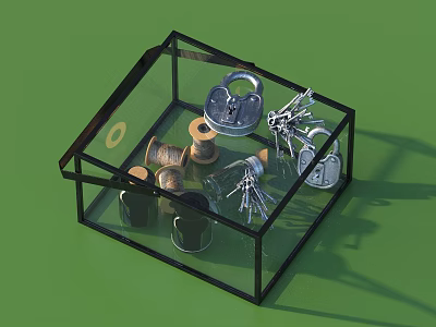 Transparent Glass Box With Locks Keys And Spools On Green Surface 3d model