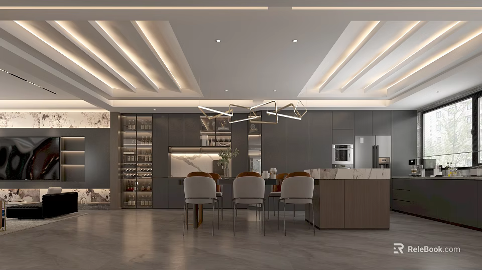 Modern Minimalist Open Dining And Living Room With Custom Dark Cabinetry And Elegant Linear Lighting 3d model 
