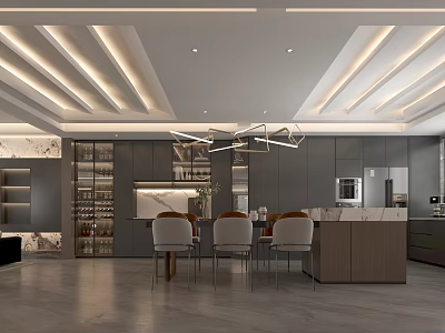 Modern Minimalist Open Dining And Living Room With Custom Dark Cabinetry And Elegant Linear Lighting 3d model