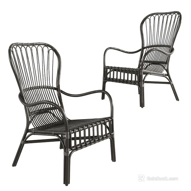 Sturdy Black Woven Rattan Outdoor Chairs With Armrests And Classic Garden Design 3d model 