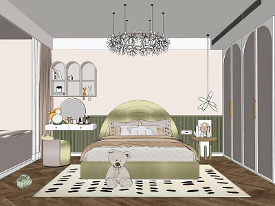 Kids Room Interior Design With Green Headboard Bed Stuffed Bear Black White Rug And Chandelier 3d model