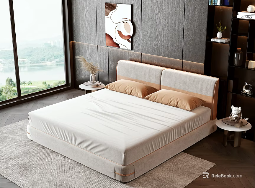 Modern Minimalist Double Bed with Wooden Wall Large Window Lake View and Nightstands 3d model 
