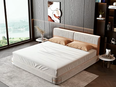Modern Minimalist Double Bed with Wooden Wall Large Window Lake View and Nightstands 3d model