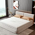 Modern Minimalist Double Bed with Wooden Wall Large Window Lake View and Nightstands