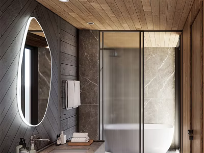 Hotel Bathroom Interior With Illuminated Oval Mirror Marble Walls Glass Shower And White Bathtub 3d model
