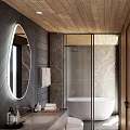 Hotel Bathroom Interior With Illuminated Oval Mirror Marble Walls Glass Shower And White Bathtub