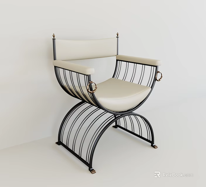 Modern Single Chair With Curved Black Metal Frame And Beige Leather Seat 3d model 