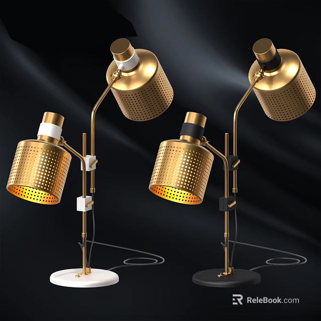 Modern Gold Floor Lamp With Perforated Shade And Marble Base 3d model 
