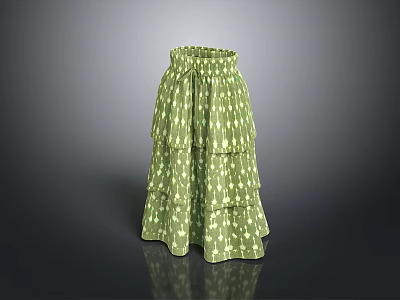 Green Layered Skirt With White Patterns And Waist Tie Fashionable Women's Clothing For Casual Wear 3d model