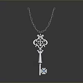 Delicate Silver Key Shaped Necklace With Decorative Pendant And Diamond Charm