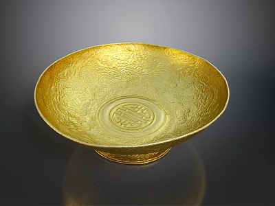 Golden Decorative Bowl With Carved Patterns Central Seal And Base For Home Living 3d model