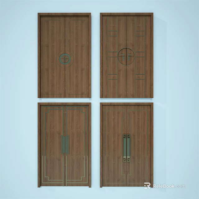 Classic Wooden Double Doors Featuring Various Designs And Decorative Details 3d model