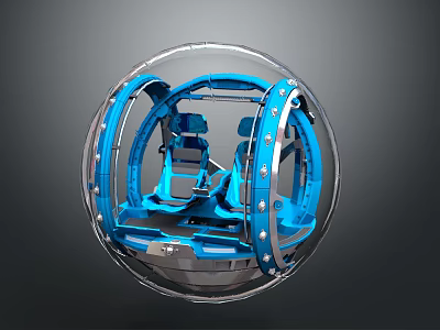 Spherical Transparent Cockpit With Two Blue Seats And Metallic Frame Interior Design 3d model
