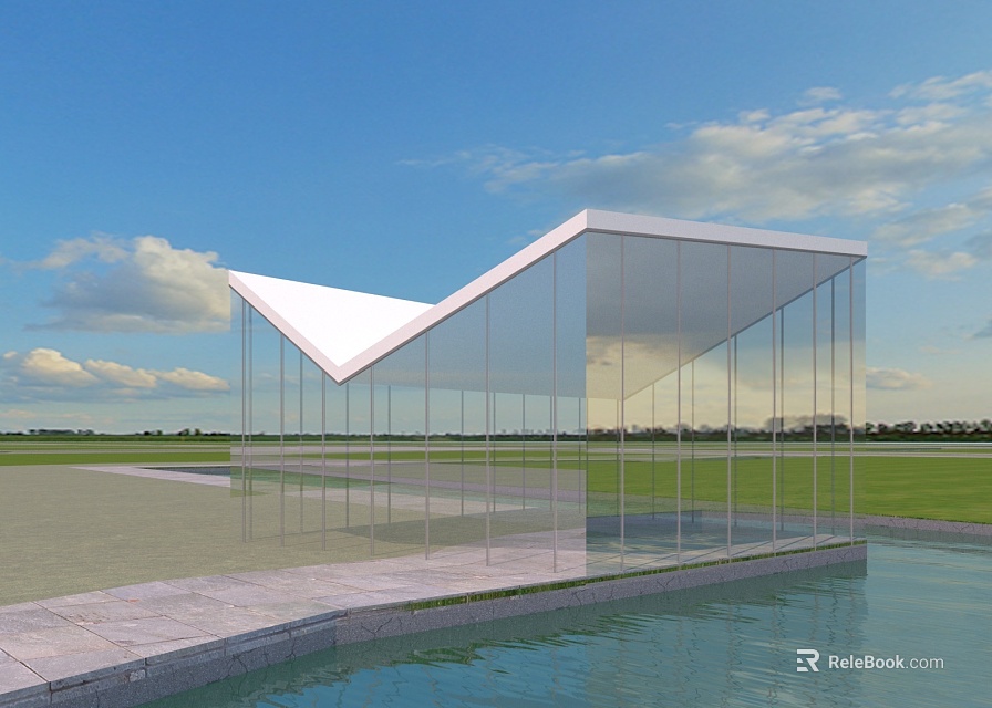 Modern Glass Building With White Angular Roof Set On Waterfront Landscape And Clear Sky 3d model 