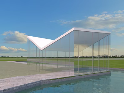 Modern Glass Building With White Angular Roof Set On Waterfront Landscape And Clear Sky 3d model