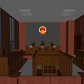Courtroom Interior With Wooden Panels Judge's Bench Emblem And Large Windows