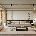 Modern Living Room Interior Design With Beige Sofa Green Cushions And Circular Wall Decor