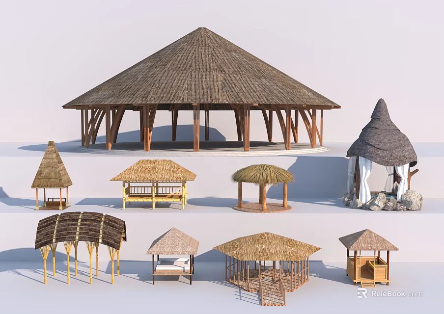 Traditional Thatched Roof Structures With Various Sizes Shapes And Outdoor Design Styles 3d model 