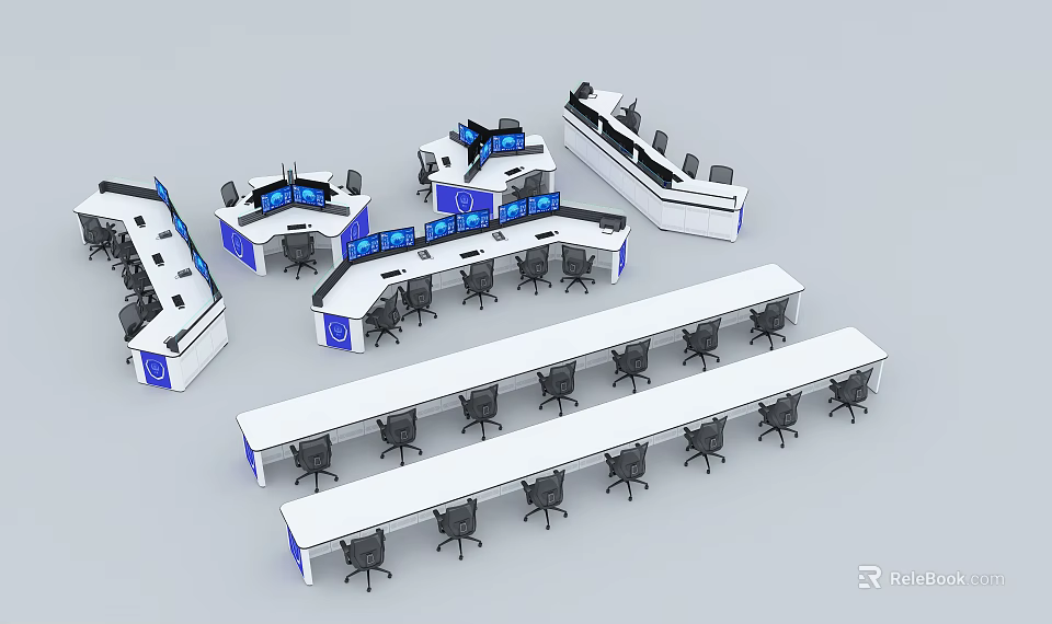 Ergonomic Modern Office Desks With Multiple Monitors Chairs And Blue Accents 3d model 