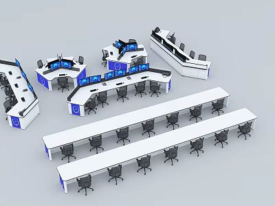Ergonomic Modern Office Desks With Multiple Monitors Chairs And Blue Accents 3d model