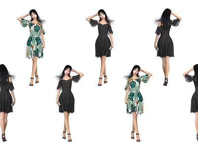 Woman Modeling Different Fashion Dresses In Various Poses With High Heels 3d model