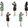 Woman Modeling Different Fashion Dresses In Various Poses With High Heels