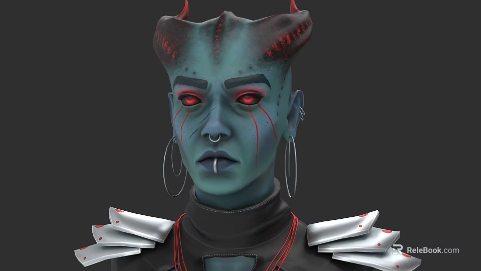 Green Skinned Woman With Red Horns Facial Markings Large Hoop Earrings And Silver Armor 3d model 