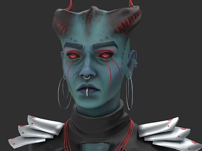 Green Skinned Woman With Red Horns Facial Markings Large Hoop Earrings And Silver Armor 3d model