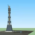 Tall Multi Tiered Communication Tower With Metal Framework And Top Antenna 3d model