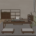 Chinese Traditional Wooden Tea Table Design With Tea Sets And Cushioned Stools In Living Room