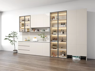 Modern Wine Cabinet With Glass Doors White Cabinets Wine Bottles And Green Plant 3d model