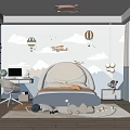 Kids Room Interior With Arched Bed Cloud Wall Hot Air Balloon Decor Desk And Toys