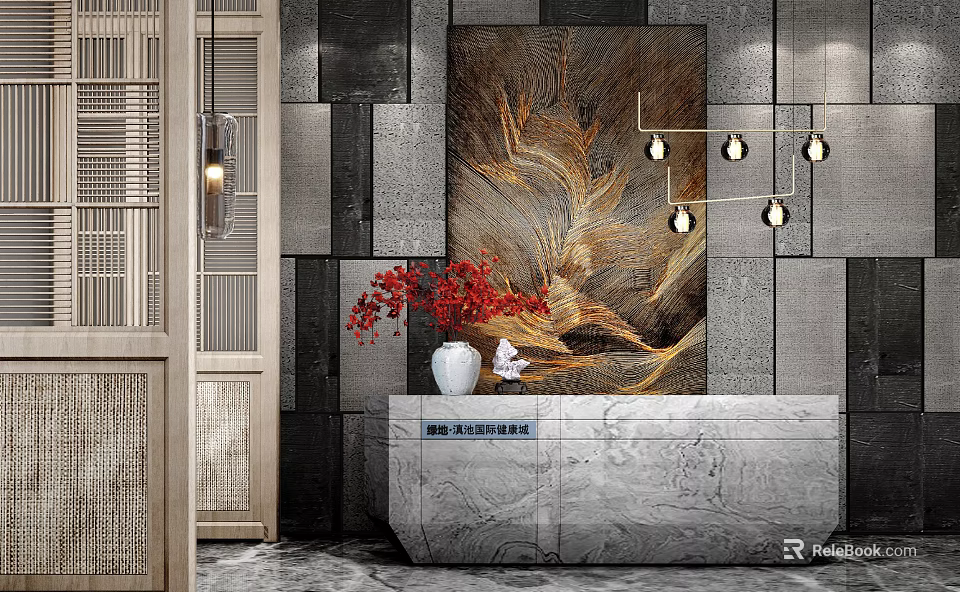 Marble Reception Desk With Gray Stone Wall Abstract Golden Painting Red Bouquet And Pendant Lights 3d model 
