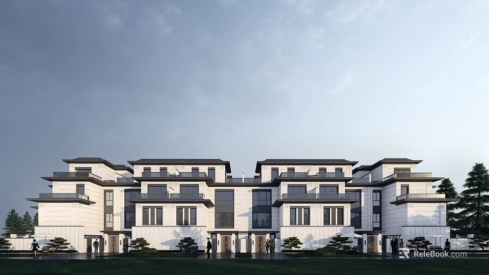 Modern Townhouse Exterior Architecture With White Facade Green Lawn And Large Windows 3d model 