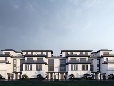 Modern Townhouse Exterior Architecture With White Facade Green Lawn And Large Windows 3d model