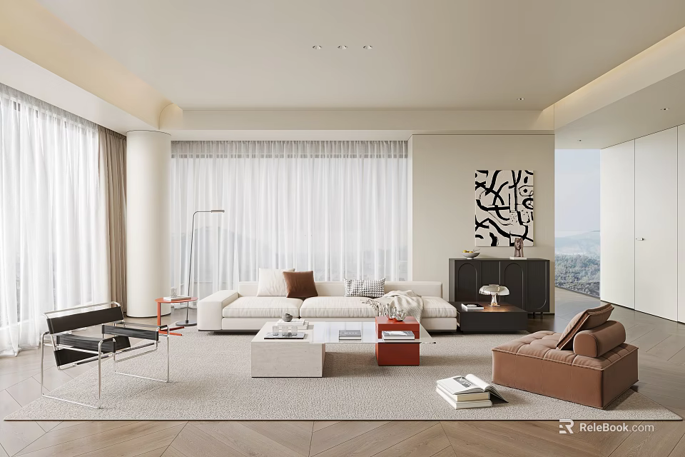 Modern Living Room Interior With White Sofa Floor-to-Ceiling Windows Curtains And Abstract Wall Art 3d model 