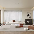 Modern Living Room Interior With White Sofa Floor-to-Ceiling Windows Curtains And Abstract Wall Art