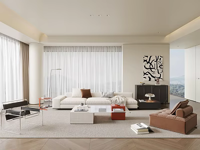 Modern Living Room Interior With White Sofa Floor-to-Ceiling Windows Curtains And Abstract Wall Art 3d model