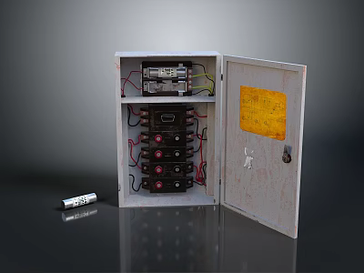 Open Electrical Distribution Box With Internal Switches Wires And Adjacent Battery 3d model