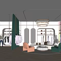 Modern Clothing Store With Clothes Shoes Bags On Display Shelves Green Curtain And Circular Chandeliers