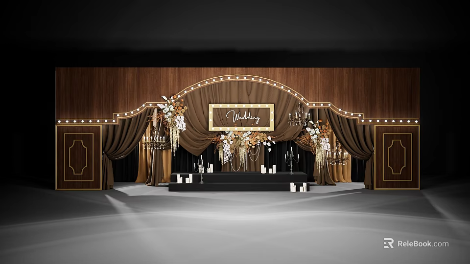 Elegant Wedding Stage With Wooden Backdrop Gold Arch And Floral Decorations 3d model 