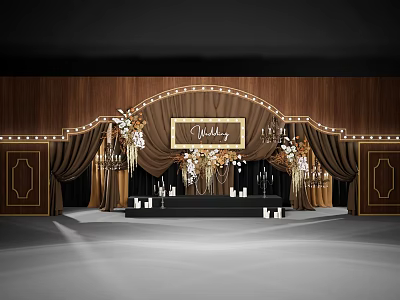 Elegant Wedding Stage With Wooden Backdrop Gold Arch And Floral Decorations 3d model