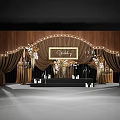 Elegant Wedding Stage With Wooden Backdrop Gold Arch And Floral Decorations