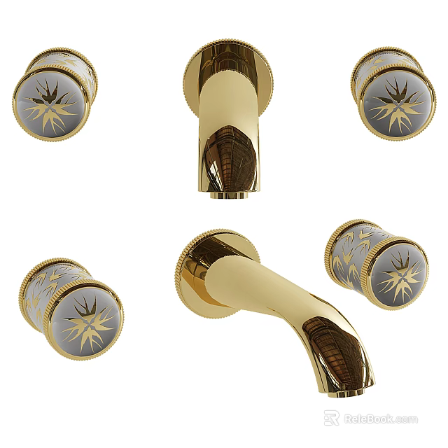 Golden Faucet With Decorative Patterned Knobs And Elegant Brass Finish 3d model 