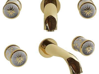 Golden Faucet With Decorative Patterned Knobs And Elegant Brass Finish 3d model