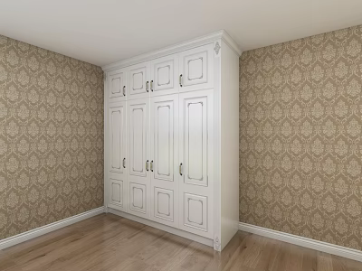 White Wardrobe in Room Corner with Brown Patterned Wallpaper and Wooden Floor 3d model