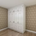 White Wardrobe in Room Corner with Brown Patterned Wallpaper and Wooden Floor